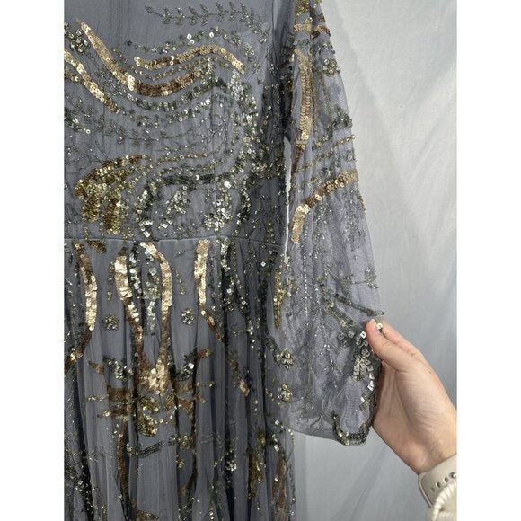 NWT $798 Mac Duggal [ 14 ] Long Sleeve Embellished Illusion Gown‎ Platinum Gold - Picture 12 of 15